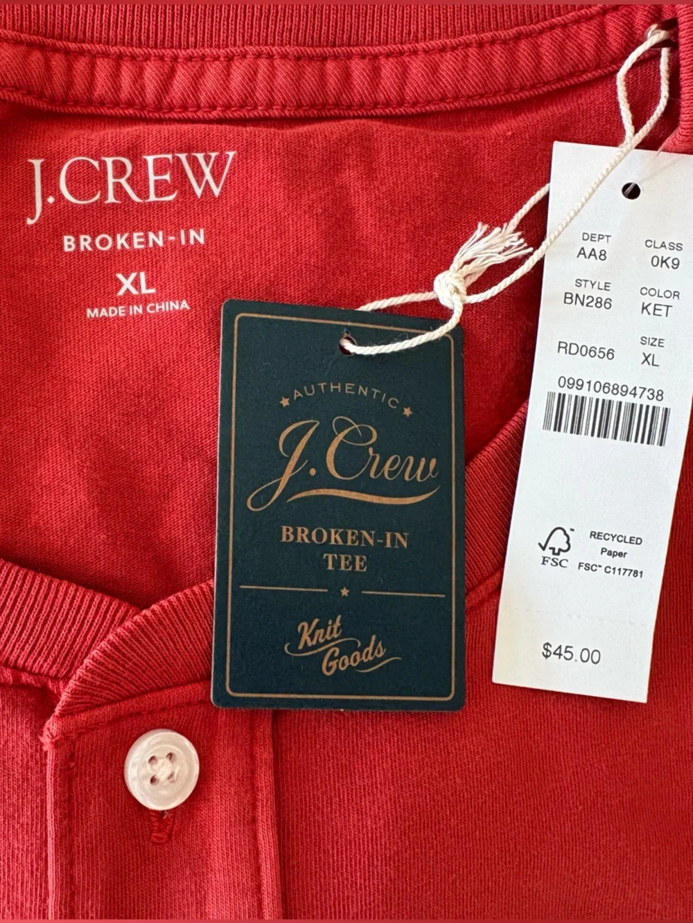 NWT, J. Crew Red Broken In Short-Sleeve Henley, Cotton Jersey, Size XL